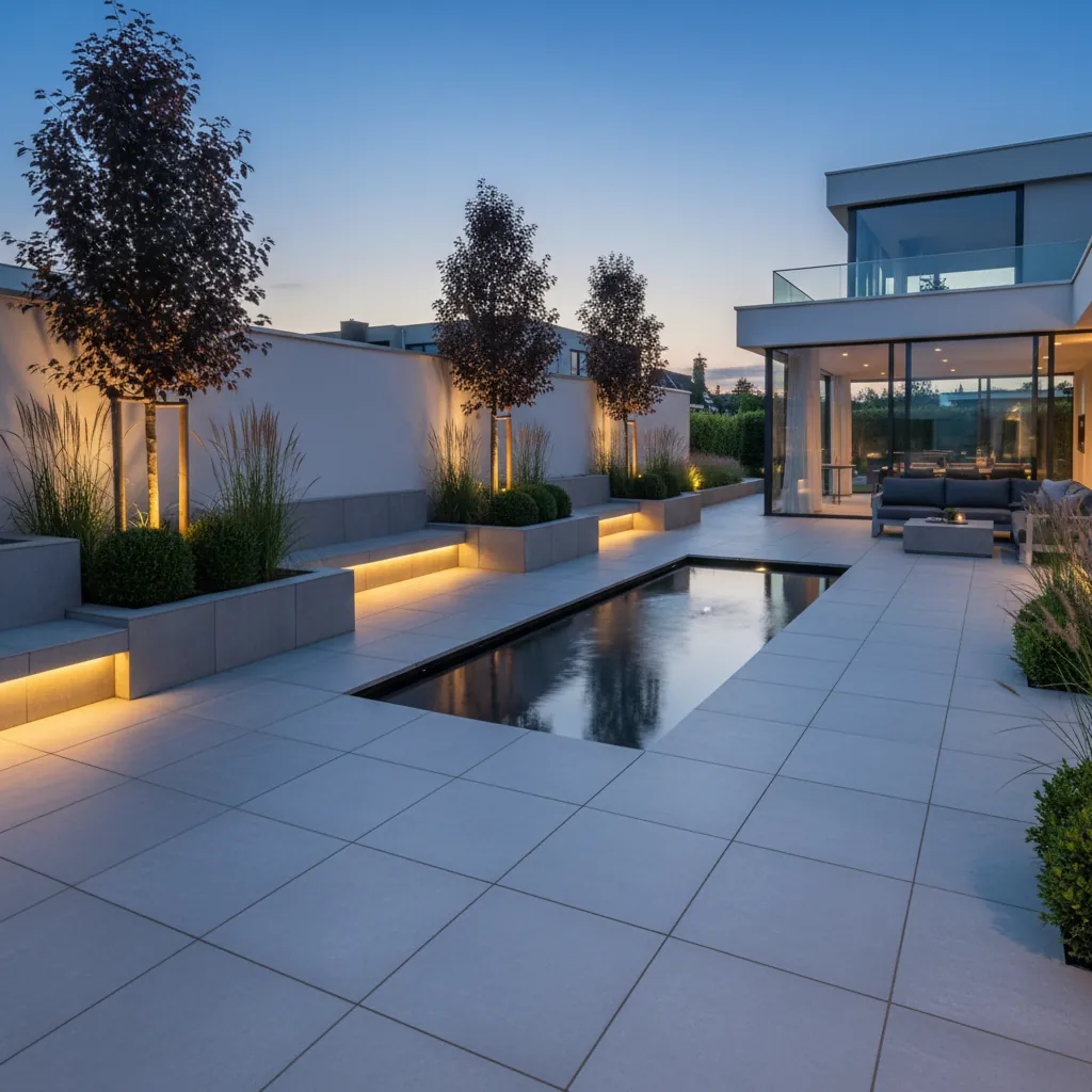 Moderne minimalistische terrastuin met waterpartij